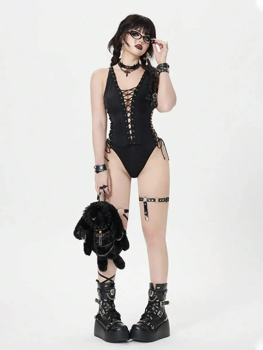 LUSHY Summer Beach Women's Goth Punk Rock Style One-Piece Swimsuit, Sexy Metal Grommet Lace-Up Design, Trendy Black Bathing Suit for Vacation