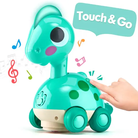 hahaland Touch & Go Obstacle-Avoiding Crawling Dinosaur Portable Baby Sound Toy - Musical Light-Up Cartoon Toy with Universal Wheels, Tummy-Time Helper, ABS, Auto Shut-Off, Gross Motor Skills Development, Birthday Gift for 0-12/6-18M Infants