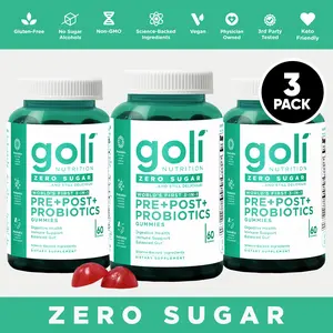 3 Bottles of Goli Zero Sugar World's First 3-in-1 Pre, Post, Probiotic Gummies - Gluten Free, Vegan, Non-GMO, & Gelatin-Free.