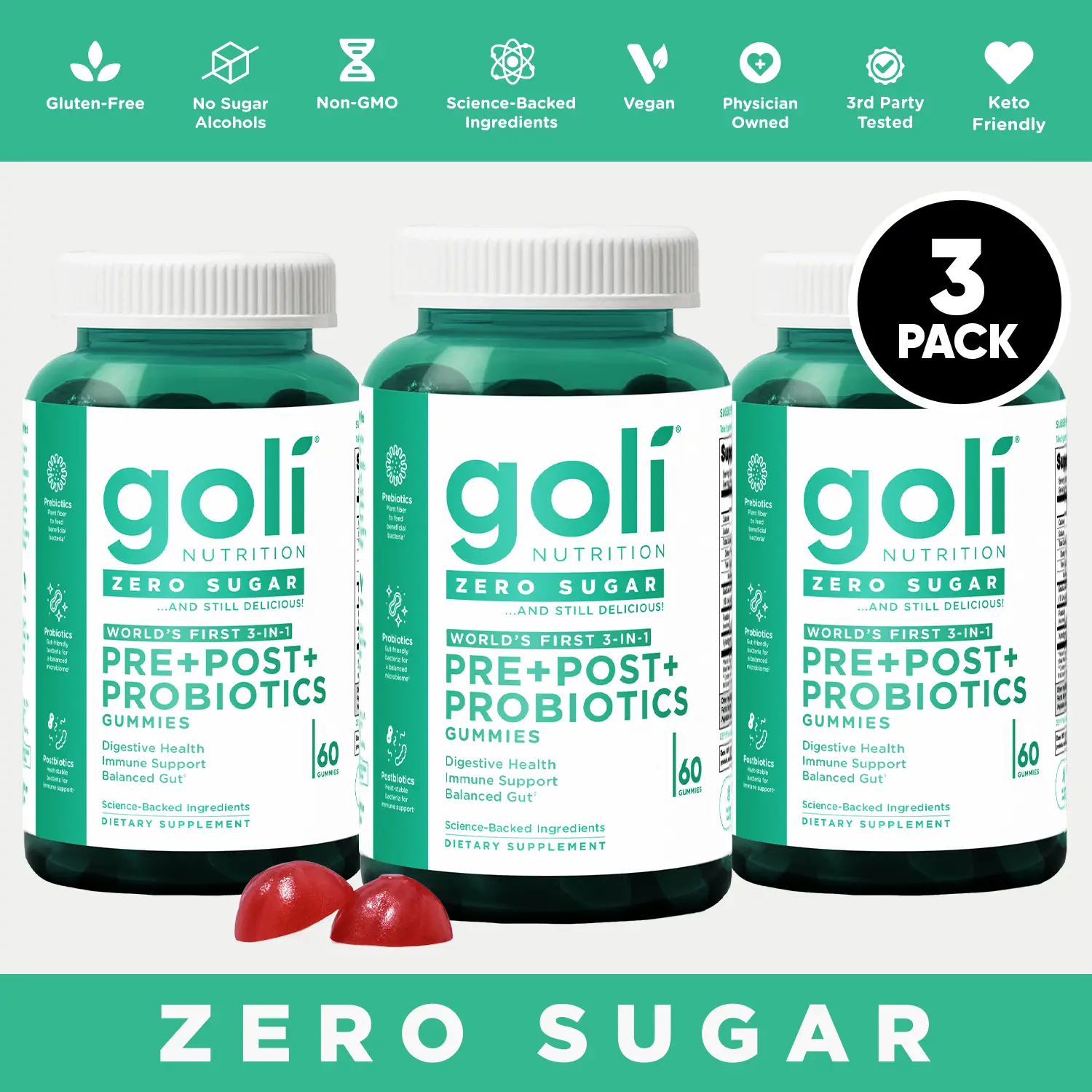 3 Bottles of Goli Zero Sugar World's First 3-in-1 Pre, Post, Probiotic Gummies - Gluten Free, Vegan, Non-GMO, & Gelatin-Free.