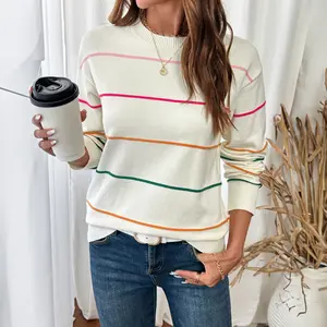 Shewin 2026 Cozy Oversized Striped Knit Sweater Women's Crew Neck Long Sleeve Pullover Comfy Layering for Daily & Office Casual Looks - Womenswear