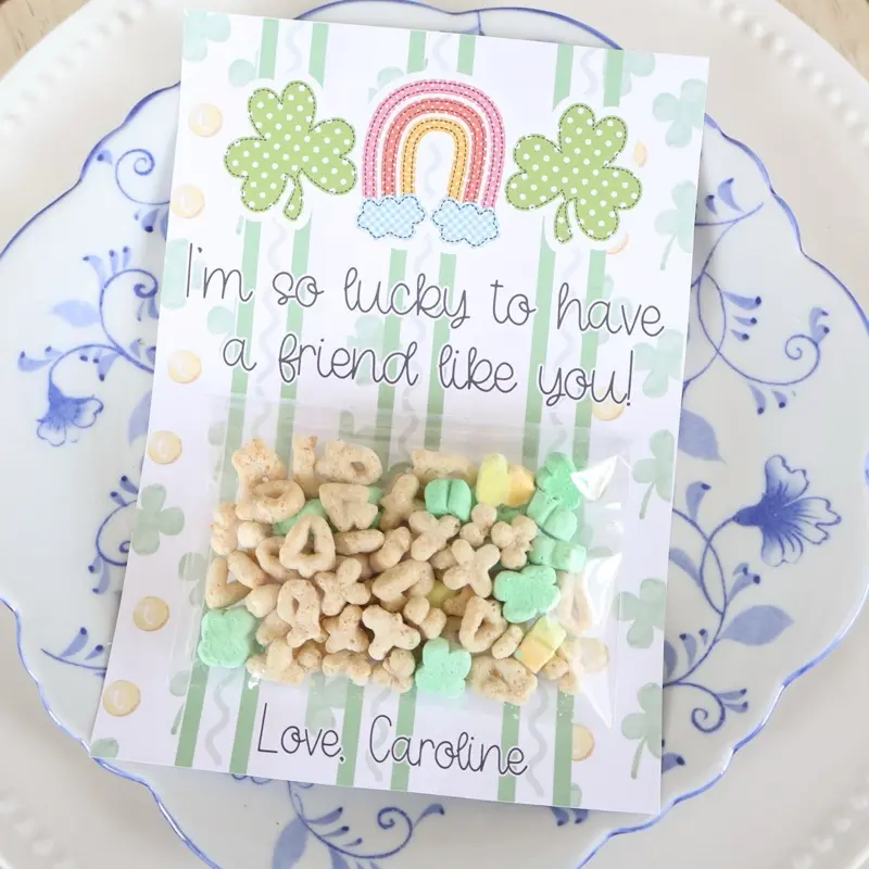 St Patrick’s Day Treat Class Party Cards with Rainbow Design and Colorful Treats for a Fun Celebration