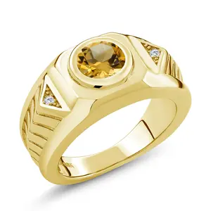 Gem Stone King Men's 18K Yellow Gold Plated Silver Gemstone Birthstone and White Moissanite Ring For Men | Round 8MM | Available in Size 7, 8, 9, 10, 11, 12, 13