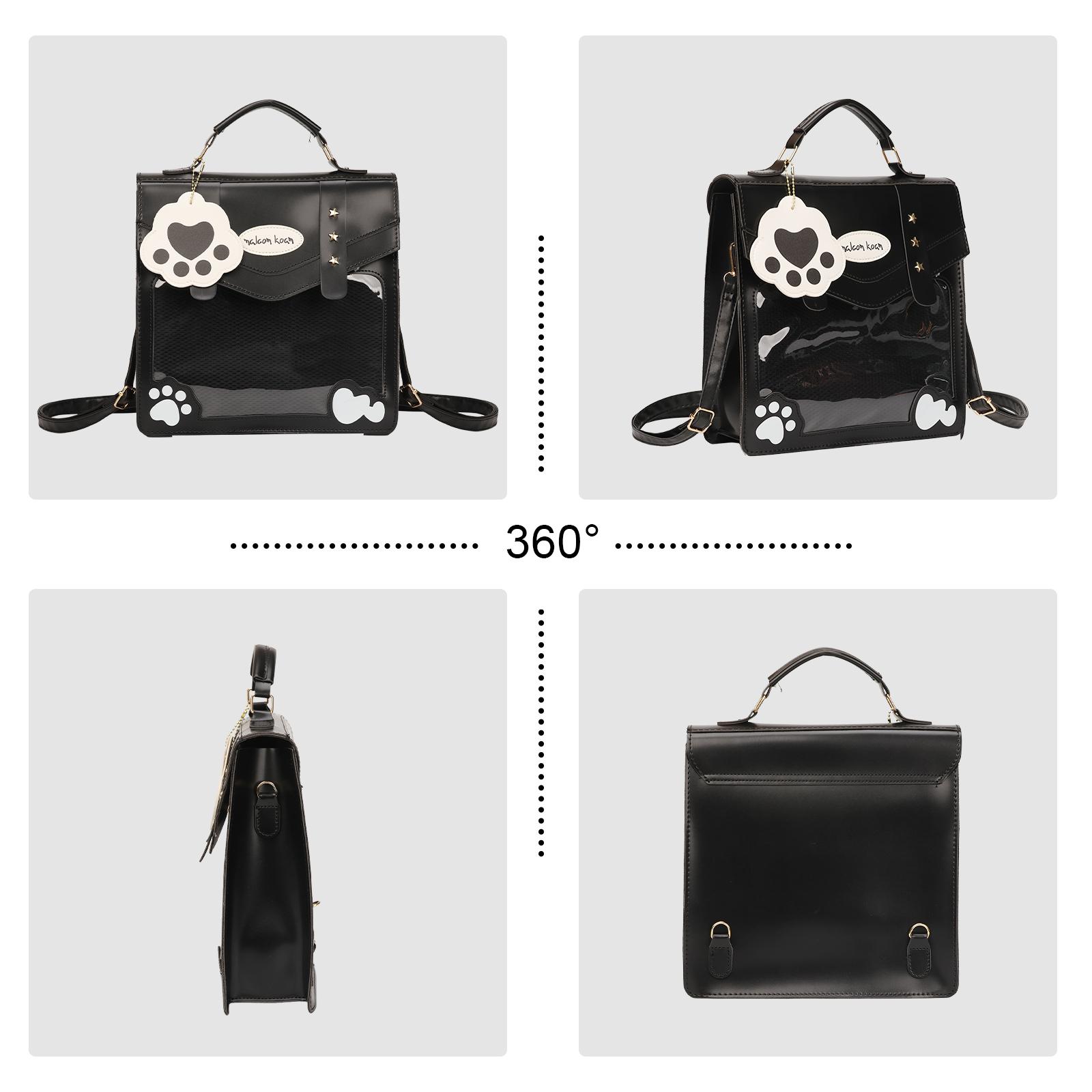 RIVERICH Kawaii Cat Paw Ita Bag - 2-Way Preppy Cambridge Style PU Leather Crossbody & Top Handle Backpack for Anime Pins, School & Daily Use | Cute Paw Charm & Star Stud Details, Adjustable Straps Stylish Multi-Way Ita Bag for Collectors