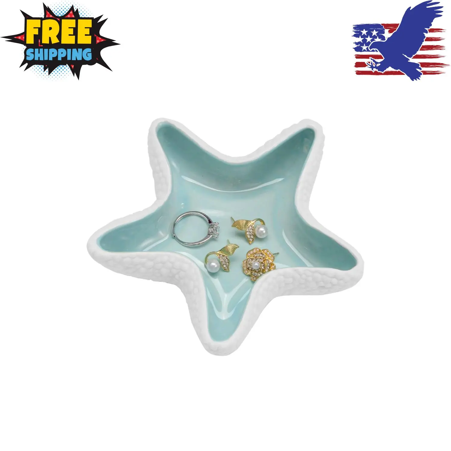 Jewelry Dish Tray For Coastal Beach Room Decor,Cute Ceramic Ring Holder Gift (Blue starfish)