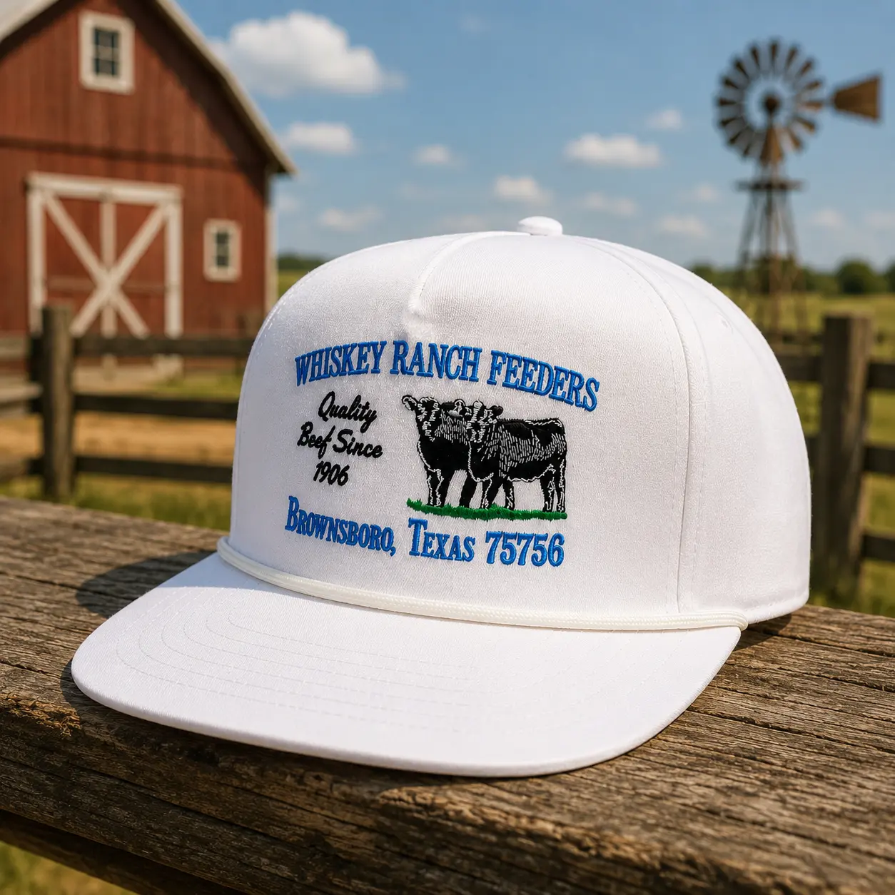 Whiskey Ranch Feeders Vintage Ranch Rope Hat, Embroidered Western Cattle Logo Snapback Cap, Structured High Crown Flat Bill Country Cowboy Hat