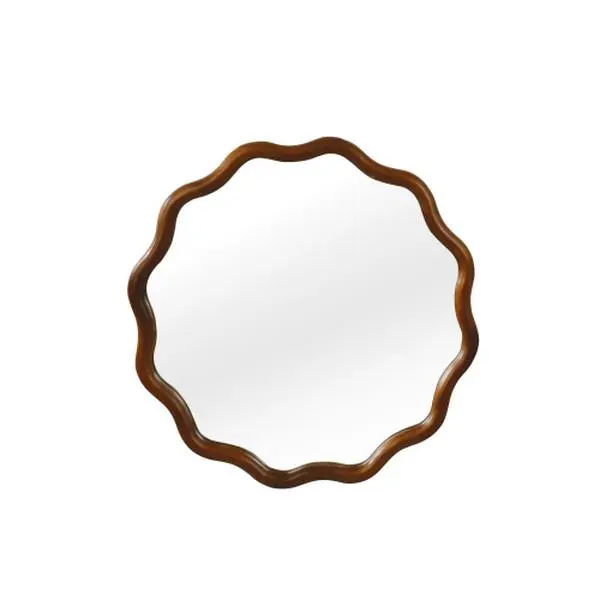 Elountik 24-Inch Elegant Wavy Round Solid Wood Frame Decorative Mirror - Black Walnut, Vanity Reflection Piece for Bedroom, Bathroom, with Float Installation Design
