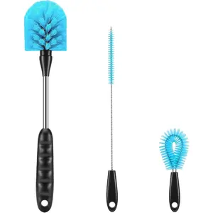 12.2 Inch 3-in-1 Long Handled Stainless Steel Bottle Brush Set of 3, Washable Cleaning Brushes for Coffee Cups, Water Bottles, Baby Bottles, Straws, To-go Cups (Blue)