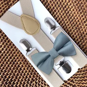 Dusty Blue Satin Bow Tie & Tan Suspenders Set
