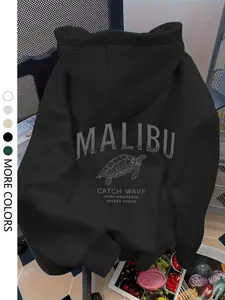 Women's Casual Hooded Sweatshirt, Turtle Letter Print, Drawstring Pocket Design, Loose Fit, Thick Fabric, All Seasons Wear