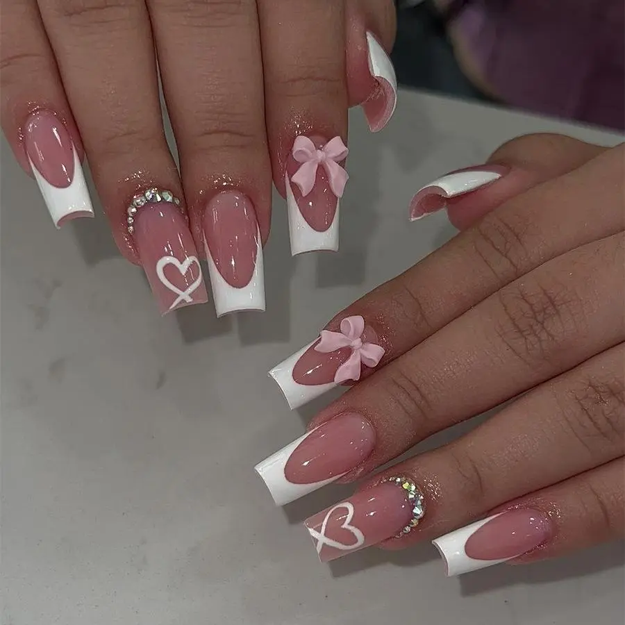Heart & Bow Decor Fake Nails with Nail File & Tape, 24pcs Long Square Press on Nails Design for Women & Girls DIY Nail Art Products, Elegant Sparkly Rhinestones Decorated, Glitter Decorative Nails