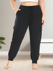 Plus Size Plain Drawstring Waist Jogger Cargo Pants, Casual Pocket Trousers, Baggy Jogging Pants, Women's Summer Bottoms Activewear for Daily Outdoor Wear, Casual Sports Trousers