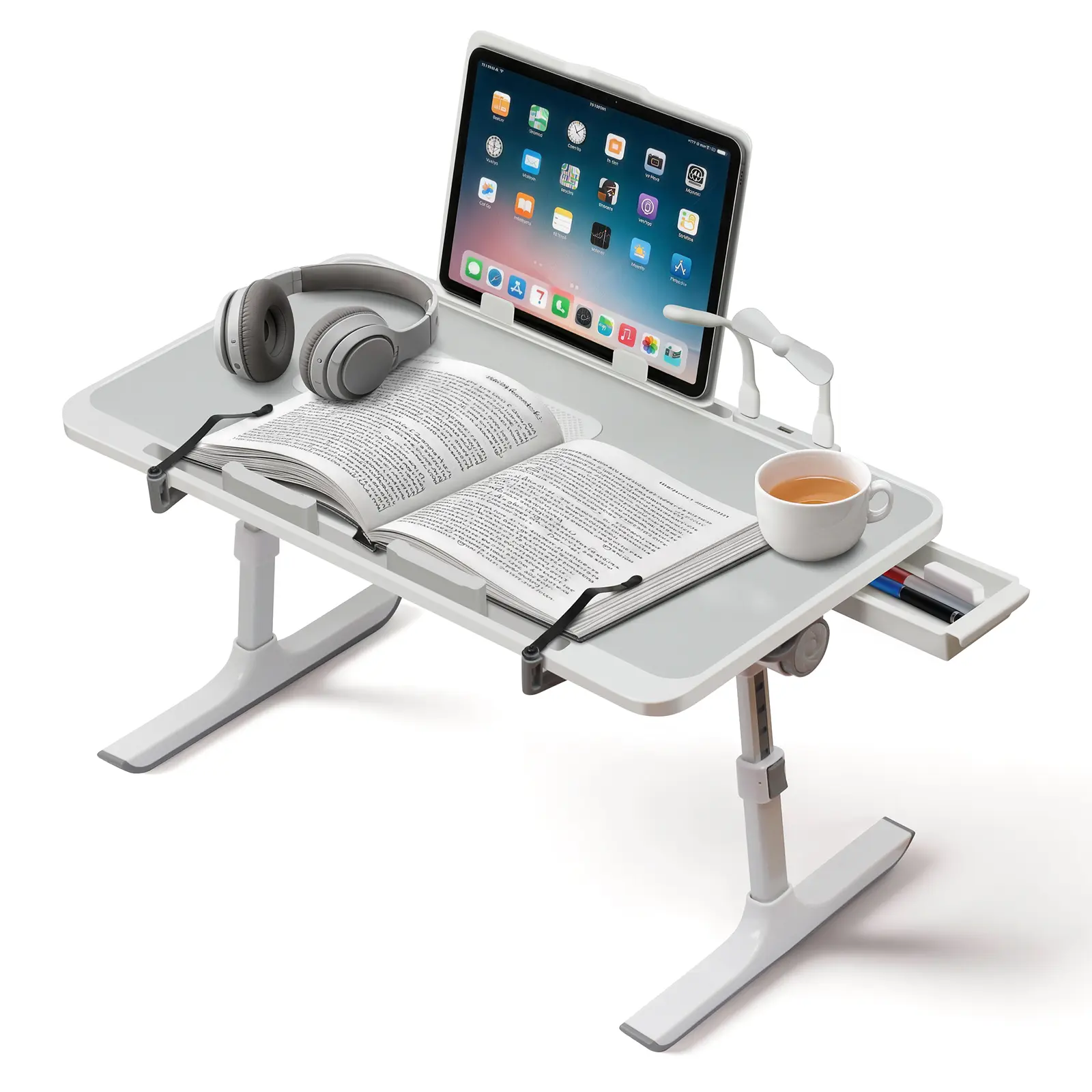 Laptop with Cooling Fan, Laptop Desk - Adjustable Light, USB， Storage Drawer - Folding Bed Table