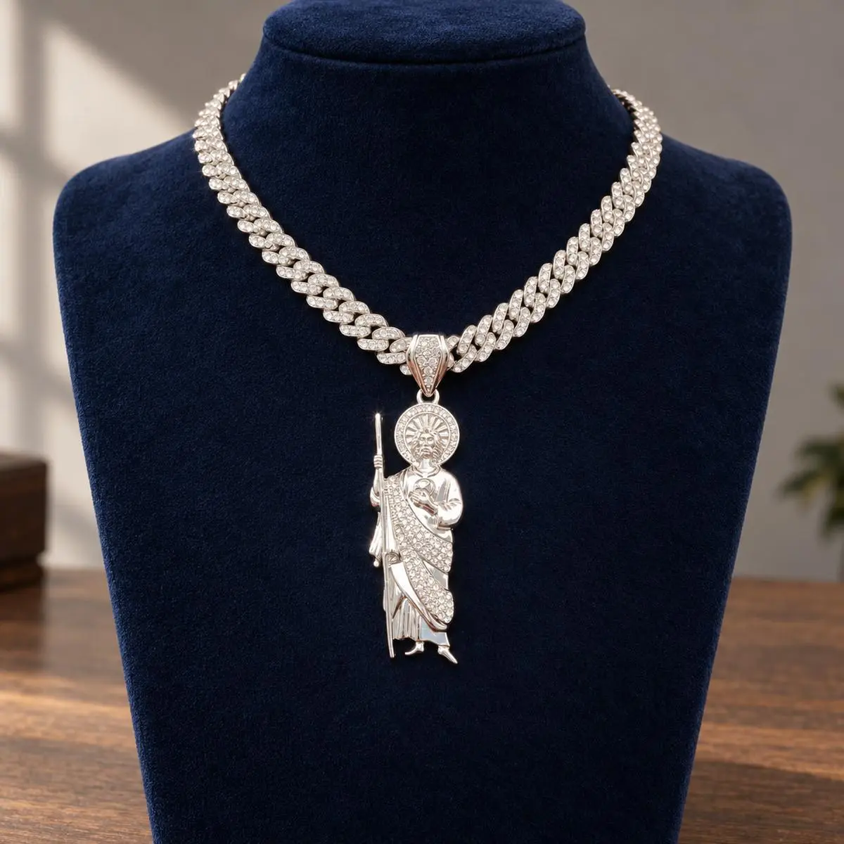 Unisex silver-tone rhinestone Saint Jude pendant necklace with a 9 mm Cuban chain, faith-inspired statement jewelry