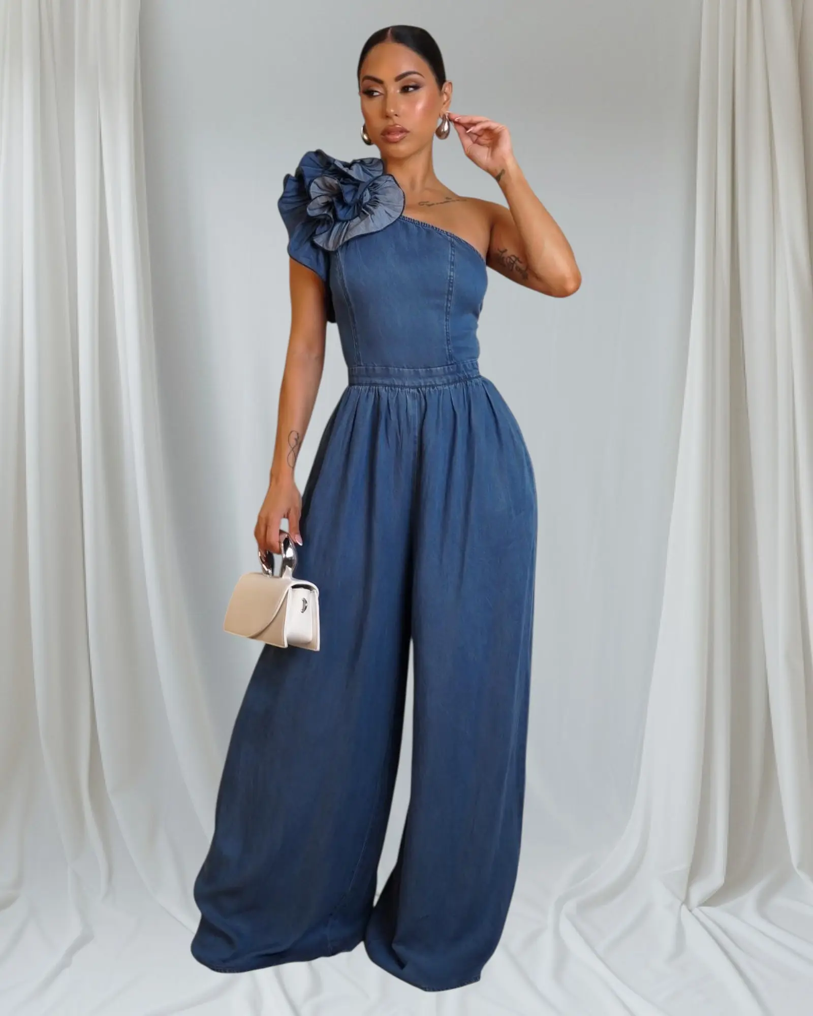 Averie One-Shoulder Denim Jumpsuit
