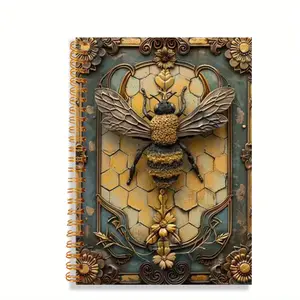 1pc Vintage Bee Design Background - BEE Gold Spiral Notebook Writing Notebook Diary and Office Stationery Perfect Gift for Friend，Birthday and Party Celebration, 5.5x8.3 Inches, 50 Sheets