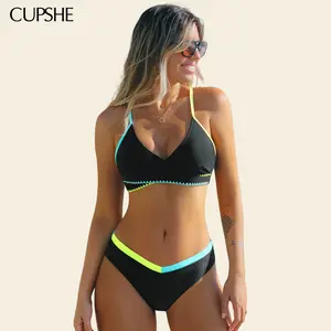 CUPSHE TikTokShopSpringGlowUp Electric Spark Diamond Neckline Low-rise Black Swimsuit Bikini Set Swimwear