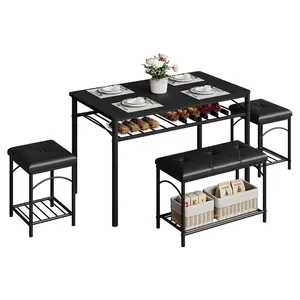 Dining Table Set, 4 Person Modern Dining Table Set Space Saving Kitchen Table with Benches Upholstered Dining Bench Set, Dining Table Wood and Metal Dining Set for Apartments, Studios, Breakfast Nooks