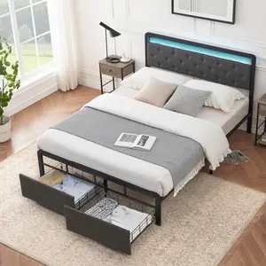 GAOMON Queen LED Bed Frame with 2 Storage Drawers, Queen Size Bed Frame with LED Lights Headboard, Upholstered Platform Bed with Storage, No Box Spring Needed, Dark Grey (Queen)