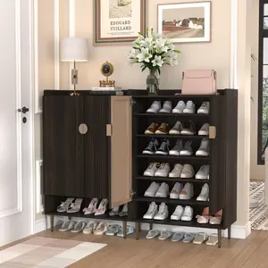 Shoe Cabinet - 44.2" Size Open Shoe Rack Adjustable Shelves Metal Handles Modern Minimalist Space-Saving Easy-Assemble 2025 Trending Stores Boots Sneakers Slippers Ideal for Renters Small Families Entryway Bedroom Mudroom Reduces Clutter Saves Floor Space