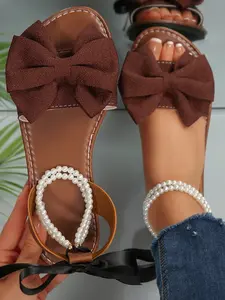 Women's Elegant Bow Pearl Casual Flat Round Toe Sandals, Soft Anti-Slip Sole Design, Perfect for Party & Daily Wear, Stylish Women Footwear, Classy Sandal