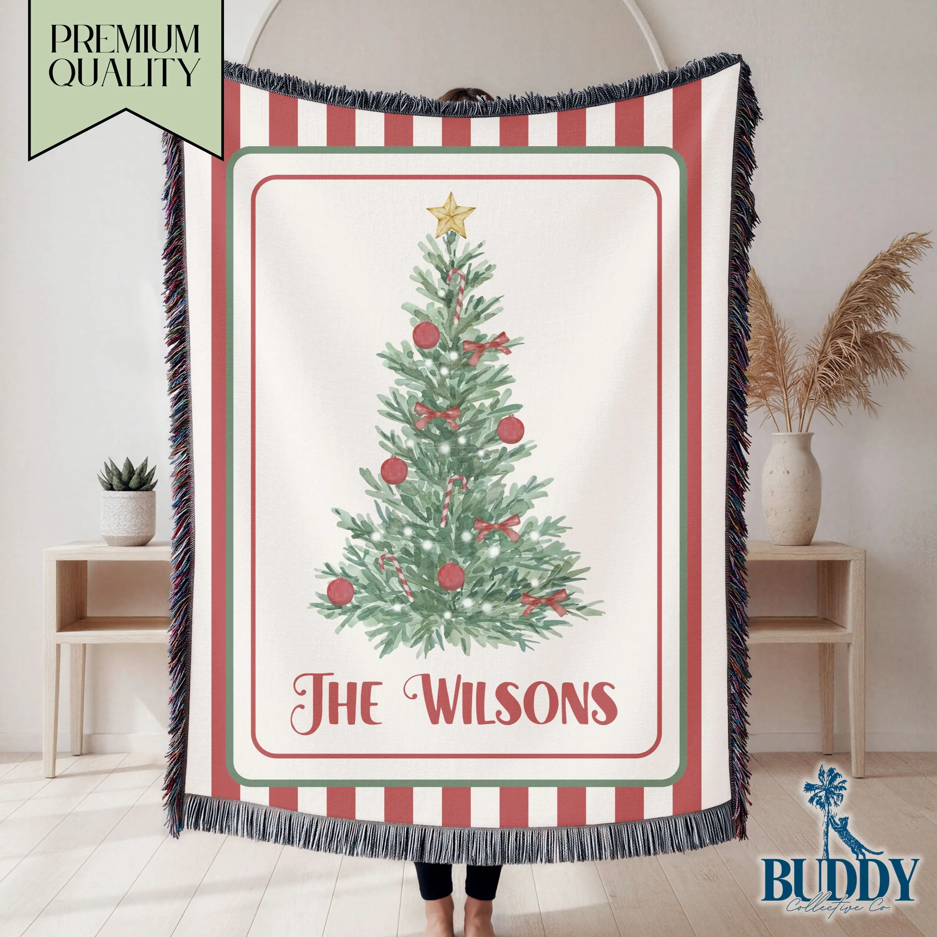 Custom Family Christmas Woven Blanket 100% Cotton