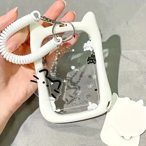 Cute Cat Design Silicone Card Holder with Keychain, ID Badge Holder, Durable ID Protector for Students, Bus, Subway, Campus Cards, Transparent with Colorful Paw Prints, Convenient