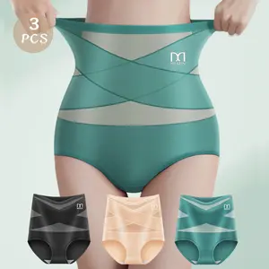 QUASTI 3 Pack Silk High Waist Crossover Body Shaping Panties, Tummy Control Panty Hi-Waist Short Tummy Control Shapewear for Women basic tummy Womenswear Comfort