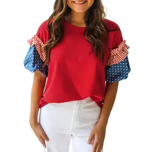 Mntaor Women’s Fiery Red Patriotic Stars & Stripes Puff Sleeve Top – Perfect for 4th of July BBQs Festivals & Summer Streetwear Vibes Womenswear Basic
