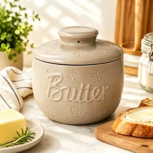 Farmhouse Ceramic Butter Dish with Lid – Countertop Butter Keeper Jar, No Refrigeration Needed, Airtight Water Seal Design