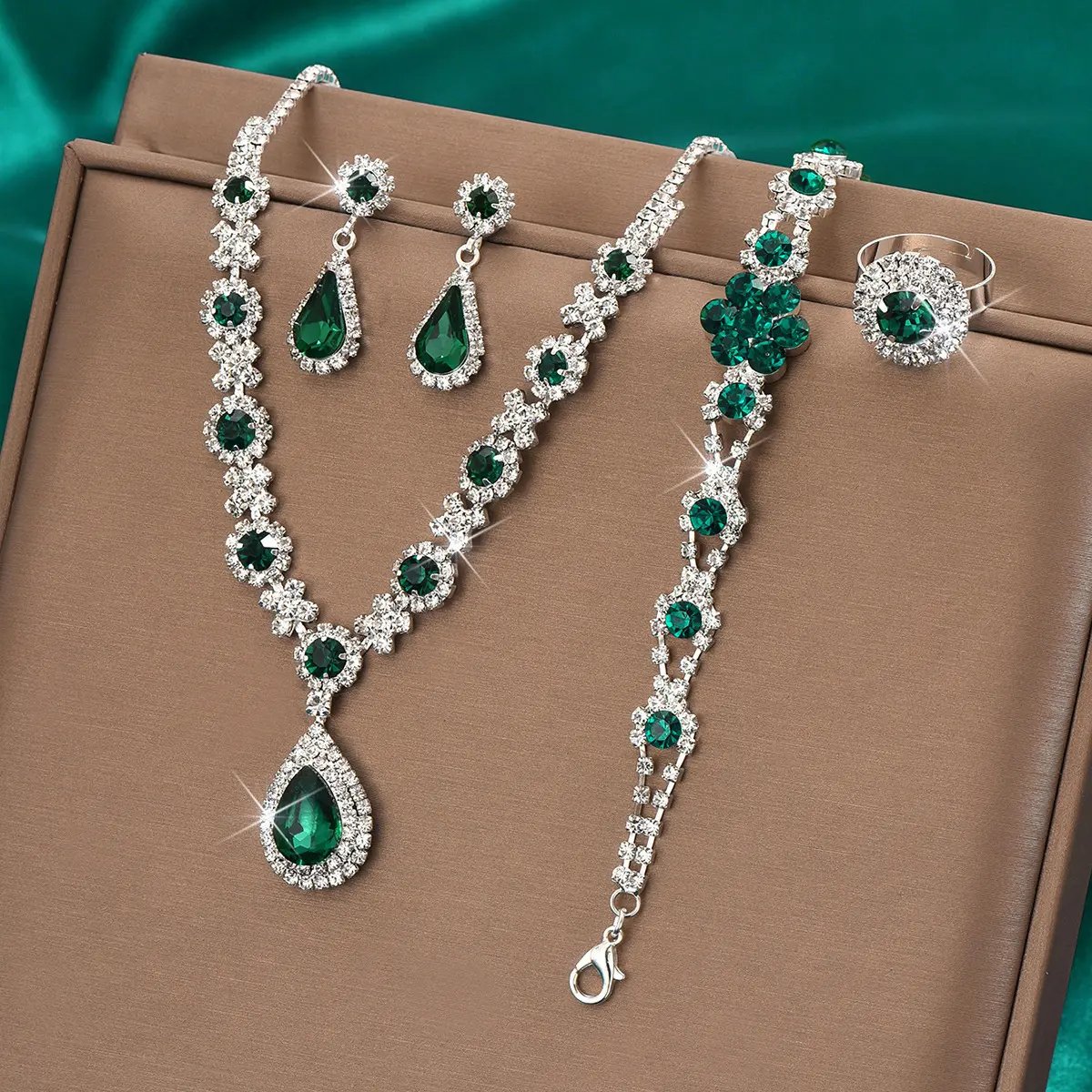 Women's Alloy 4-Piece Emerald Costume Jewelry Set - Necklace, Earrings, Bracelet, Ring for Party, Formal Occasions, Anniversary | FBT Warehouse Stock