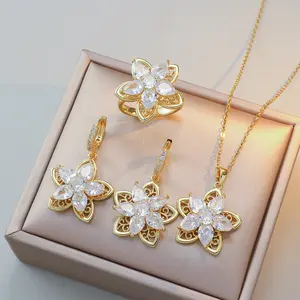 4PCS Flower Jewelry Set, Necklace Earrings Ring for Women Wisteria Flower Jewelry Rotating Necklace Earrings Ring Set