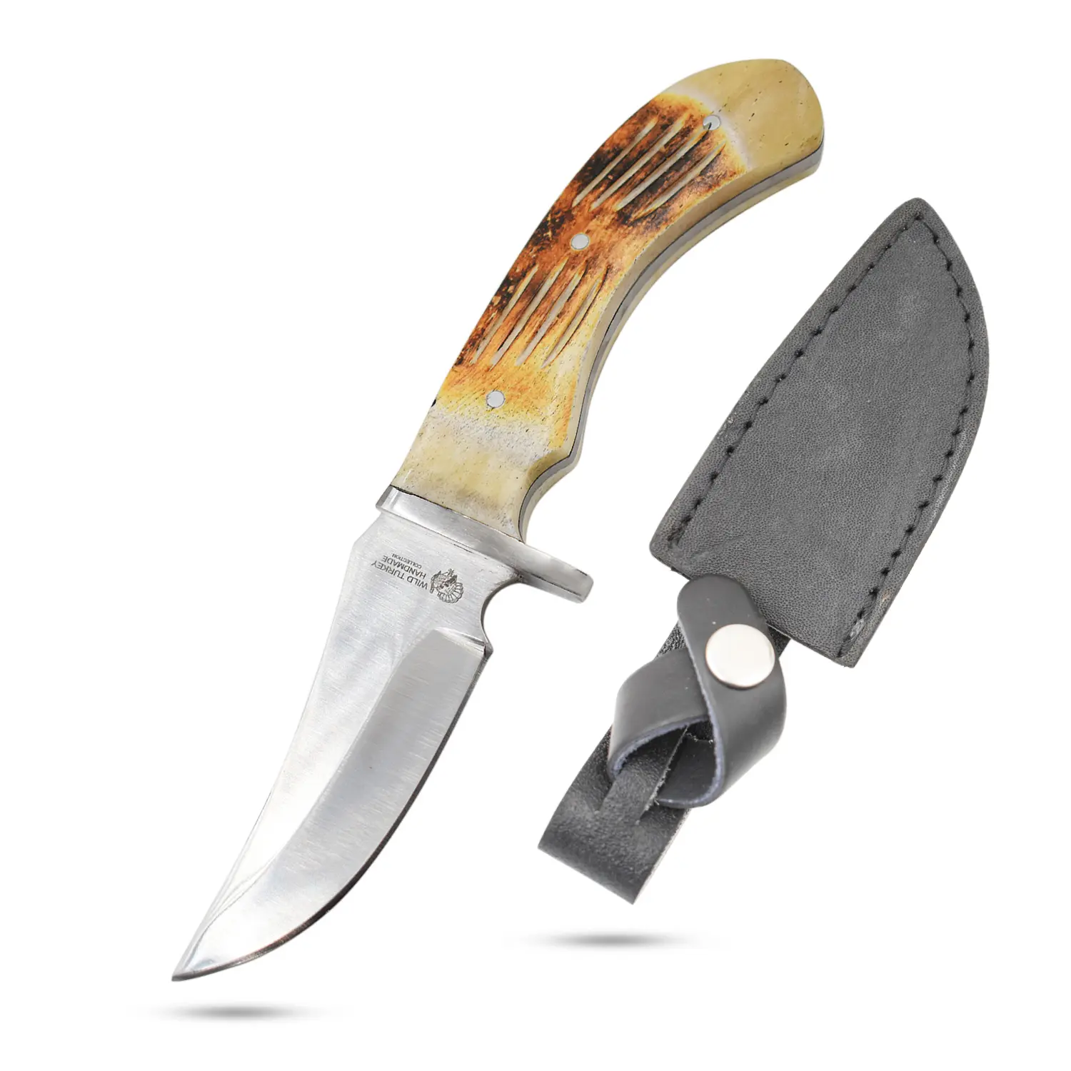 Wild Turkey Handmade 8-inch Fixed Blade Burnt Bone Handle with Silver Hilt and Leather Sheath For Camping, Hunting, and Carving