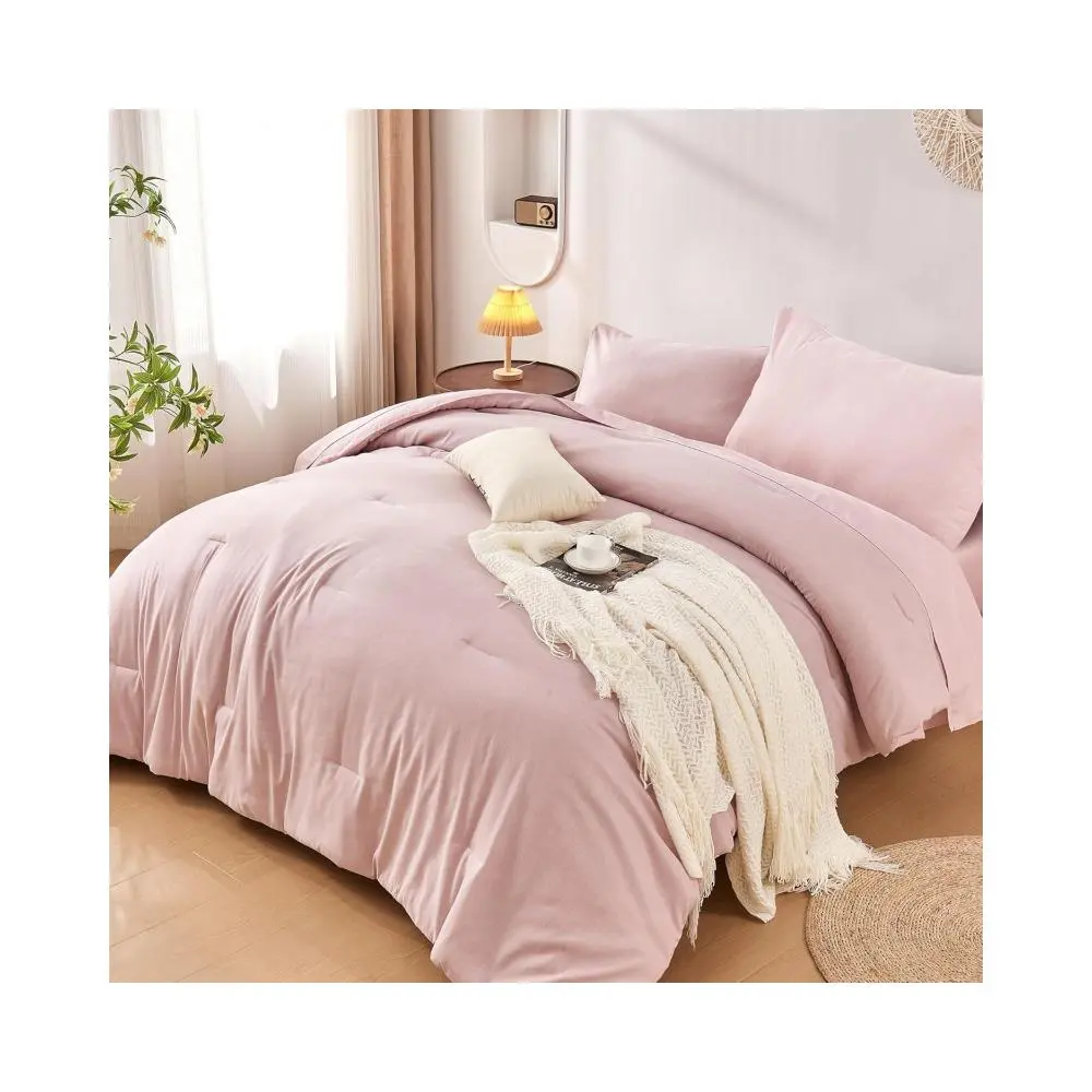 Twin/Twin XL Comforter Set 5 Pieces, Pink Twin Bedding Set for College Dorm Girls, Cationic Dyeing Bed in a Bag with Comforter, Pillow Sham, Pillowcase, Flat Sheet and Fitted Sheet