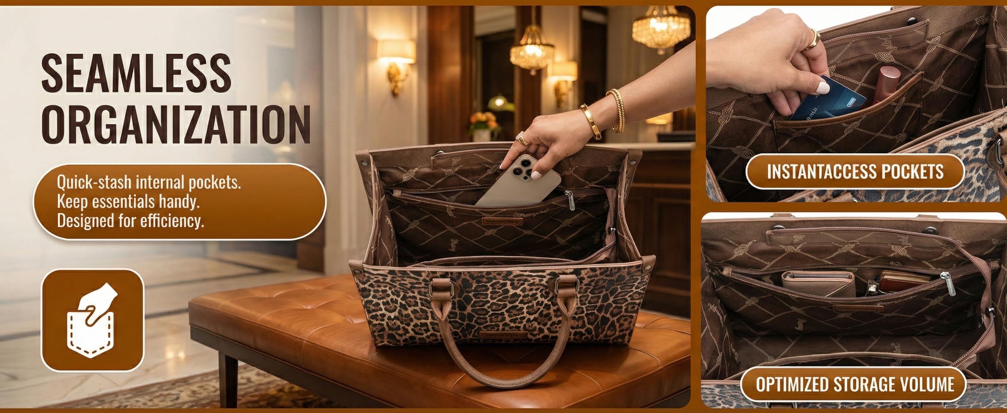 Wrangler Leopard Print Tote Bag for Women Western Large Work Satchel Handbag with Zippered Pocket & Detachable Strap