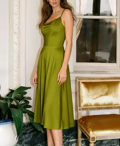 Popilush Satin Cowl Neck Spaghetti Strap Midi Swing Dress - Casual Breathable Elastic Fabric for Everyday Womenswear Feminine Adjustable Mesh