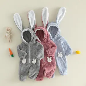 Infant Baby Girl Boy Easter Rompers Long Sleeve Hooded Spring Zipper Fleece Cute Rabbit Jumpsuit 0-18 Months