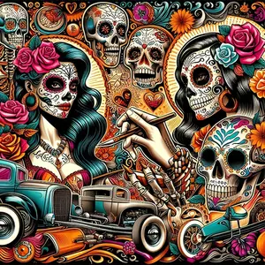 1PC 5D diamond painting  2d flat printing  Day of the Dead Diamond Painting Kit Sugar Skull Women with Roses Vintage Cars DIY Rhinestone Art for Home Decor Halloween Mexican Culture Craft Gift 5D
