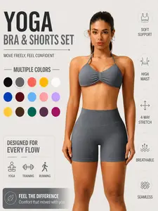 Women's Solid Crop Sports Bra & High Waist Shorts Sports Clothing Set, Fitness Clothing, Sporty Breathable Comfortable Seamless Outfits for Yoga Gym Workout Running, Ladies Sportswear for All Seasons Clothes