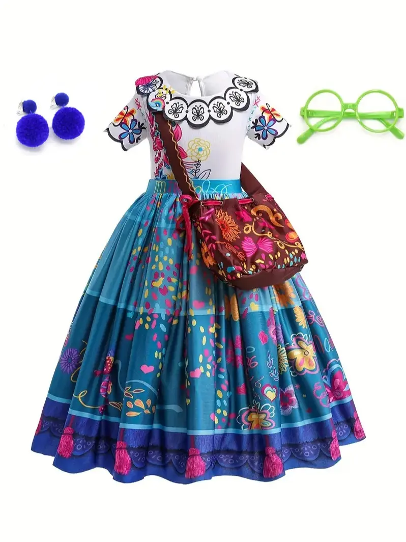 Girls' Princess Cartoon Character Role Play Costume Dress - Tight Waist, Crew Neck, Colorful, Breathable Skin-Friendly Fabric, All Seasons, Includes Bags, Ears & Glasses Set, Earrings for Halloween Party
