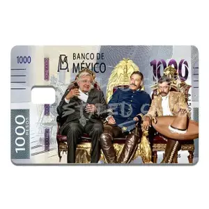1000 pesos of amlo zapata and pancho villa debit card sticker
