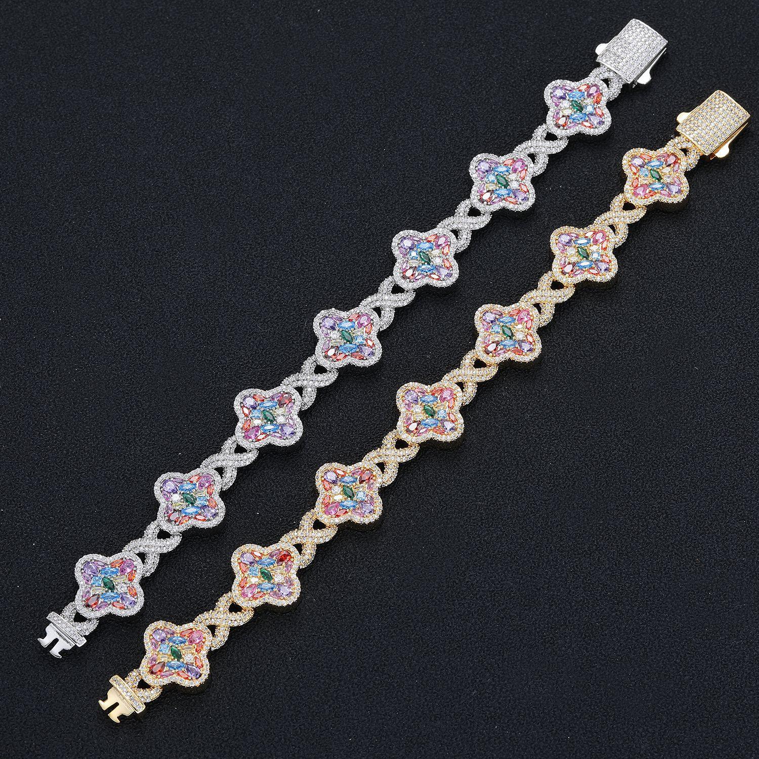 QUEENDO Elegant Classic 4-Leaf Clover Star Bracelet - Copper Base, Multi-Size, Multi-Color Pave Metallic Rhinestones, Unisex Daily Wear Jewelry for Women, Birthday Valentine’s Day Gifts, 4-Leaf Clover Bracelets & Bangles, Plants, Four Leaf Clover Bracelet