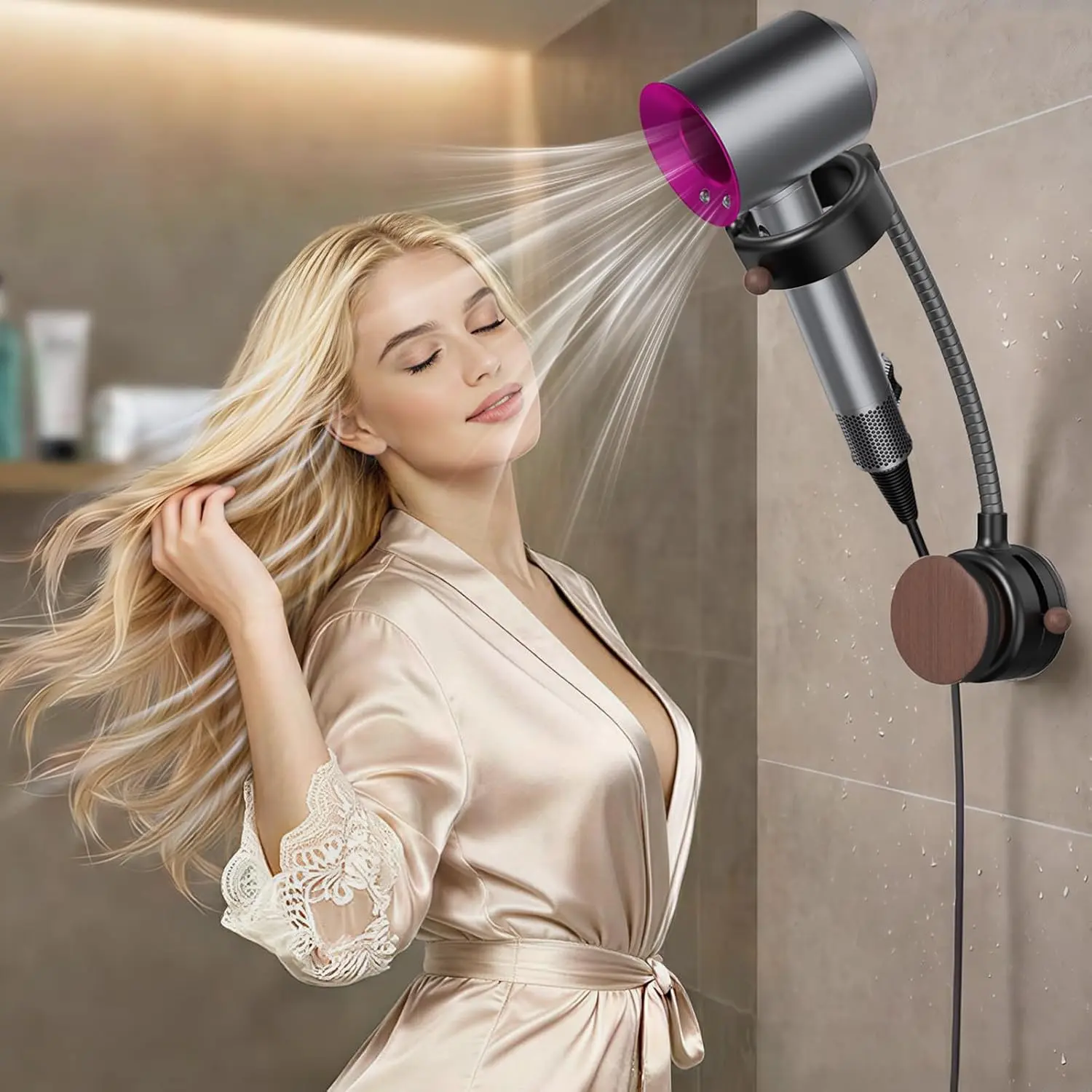 SEANCHEER S07 Hands Free Hair Dryer Holder Wall Mount, 360° Rotating Adjustable Height Suction Cup Blow Dryer Holder, No Drill Installation, Damage-Free Wall