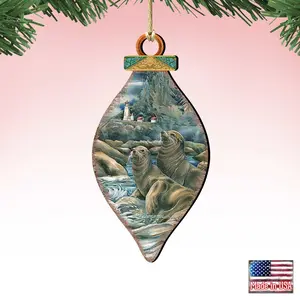 Designocracy 8591883-JB-S2 Artistic 5x5.5 in. Lions of the Sea Lighthouse Caves Wooden Ornaments - Set of 2, Christmas Decor Gift for Home Festive Use