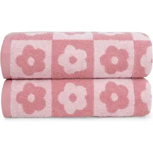 2-Pieces Luxury Bath Towels Checkered Floral, Pink Towels for Women Girls Shower Body 27.5x55 Inches, Bathroom Decor & Pool Days, Cotton