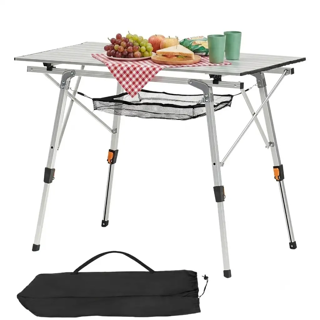 Portalble Outdoor Folding Portable Picnic Camping Table with Adjustable Height Aluminum Roll Up Table Top Mesh Layer, Silver