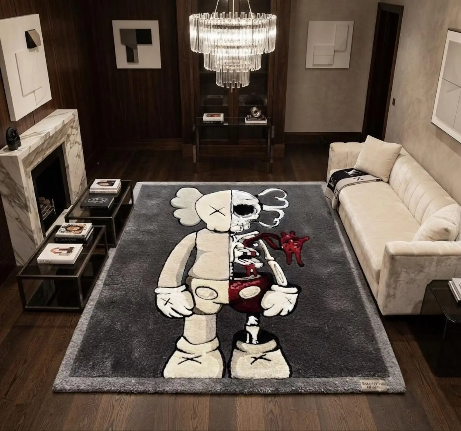 Hand-Tufted Custom KAWS Inspired Skeleton Area Rug, Streetwear Pop Art Decor, Modern Bedroom Rug, Sneakerhead Gift
