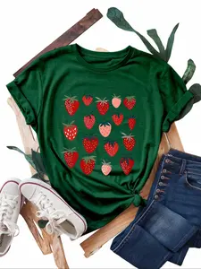 【Plus Size】 Strawberry Print Round Neck Tee, Casual Short Sleeve Crew Neck T-shirt for Daily Wear, Women Plus Clothing for All Seasons, Top