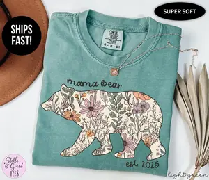 Personalized Mama Bear Shirt Comfort Colors T-Shirt, Wildflower Bear Tee, Rustic Country Shirt, Floral Bear Silhouette, Mama Est Shirt