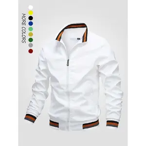 Men's Striped Trim Zip Up Varsity Jacket, Regular Fit Long Sleeve Pocket Baseball Jacket, Windbreaker Bomber Jacket, National Day Clothing, Men's Spring Clothing